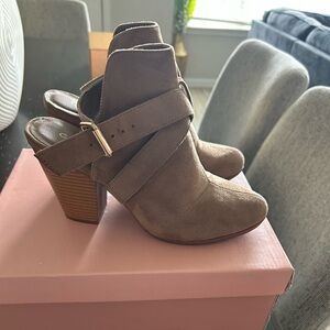 Taupe Suede High Heel Ankle Booties with Buckle Strap - Women